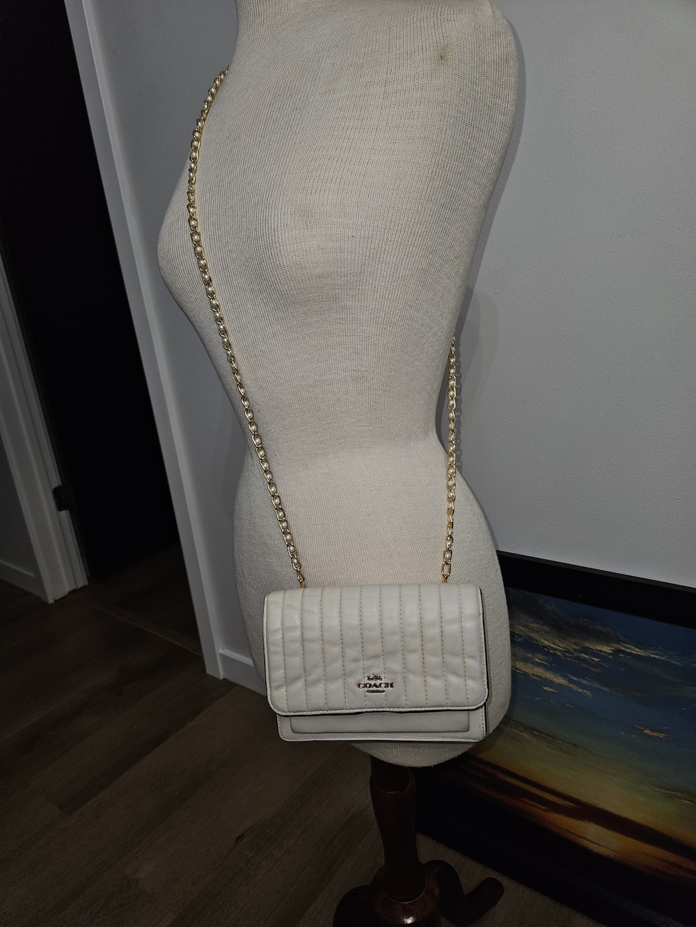 Coach Quilted Leather Crossbody Bag in Cream with Gold And Pearl Chain